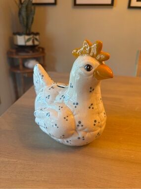 Vintage ceramic hand painted “quilted” hen piggy bank
